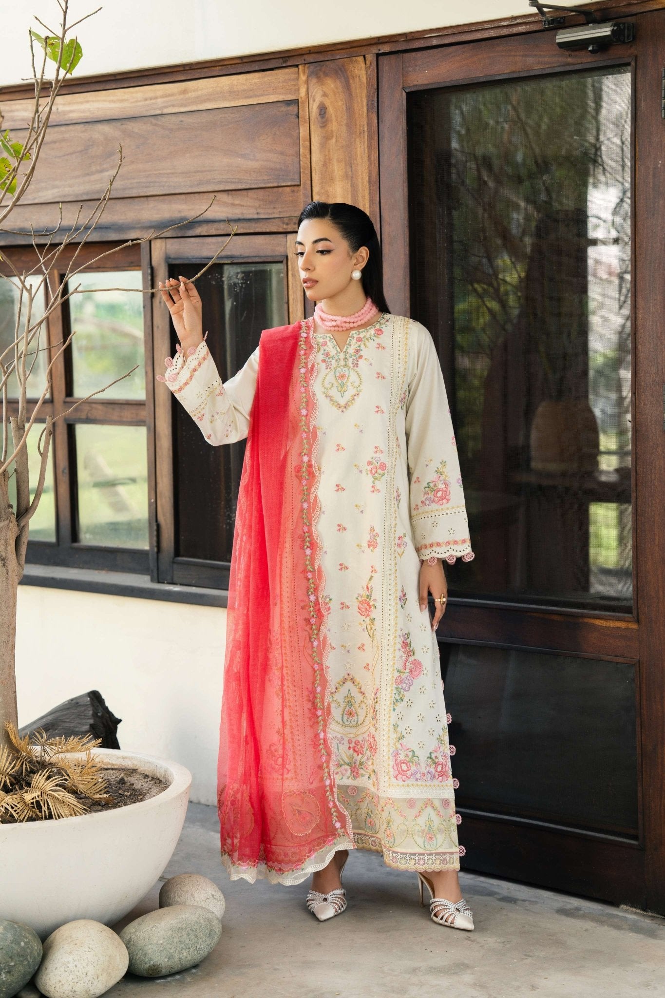 CREAM & PINK LUXURY EMBROIDERED LAWN